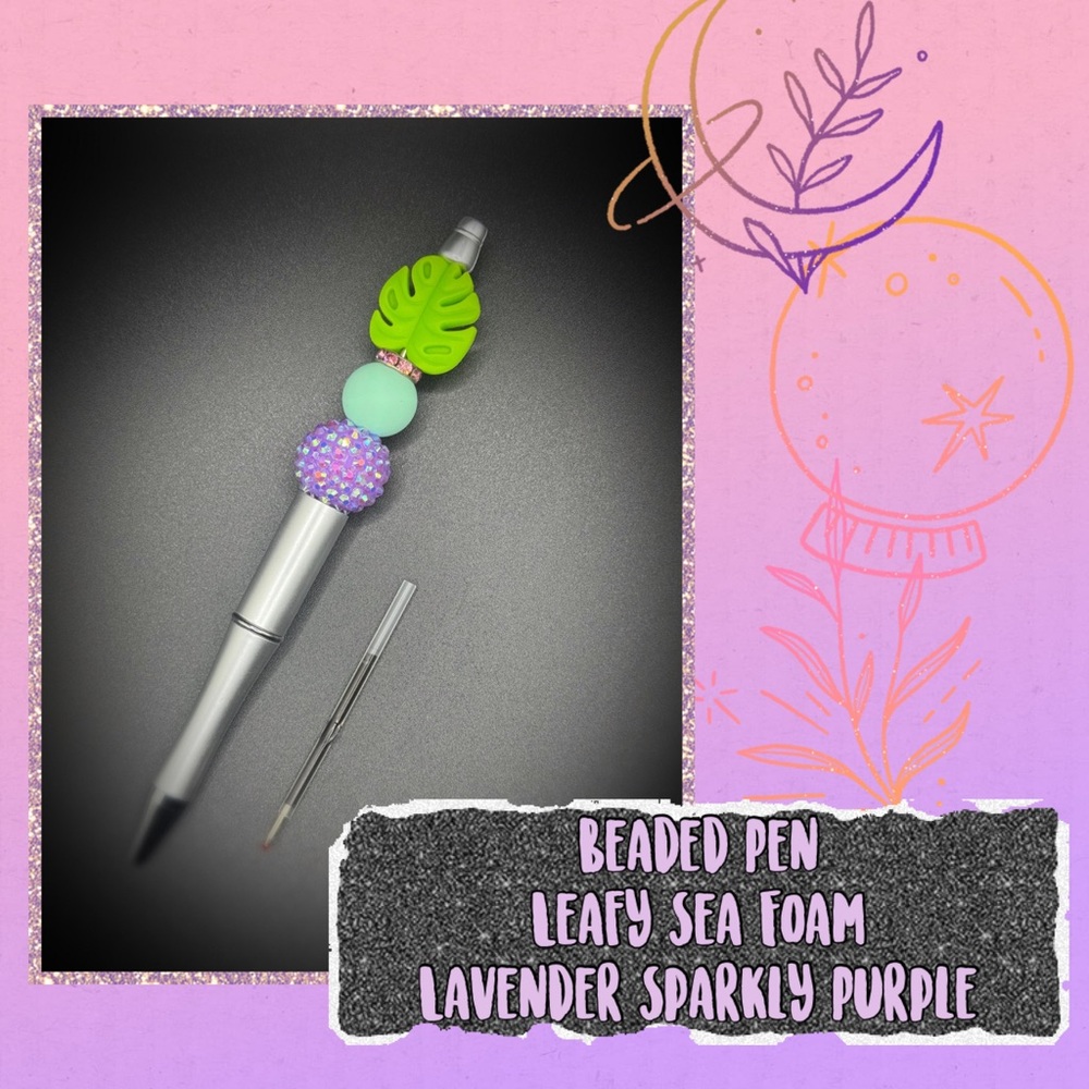 Leafy Sea Foam & Sparkly Purple Silicone Beaded Pen With Ink Refill
